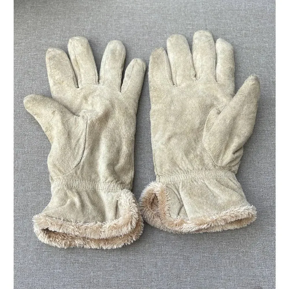 Vintage Cream leather sherpa lined gloves womens large